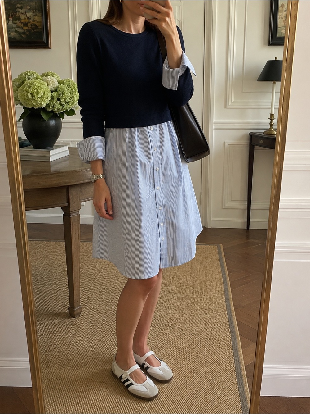 Layered Navy and Light Blue Button-Front Shirt Skirt